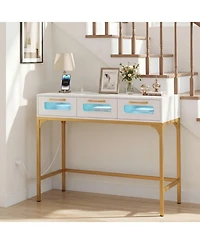 Sugift Led Console Table with Charging Station and 3 Drawers for Living Room and Hallway