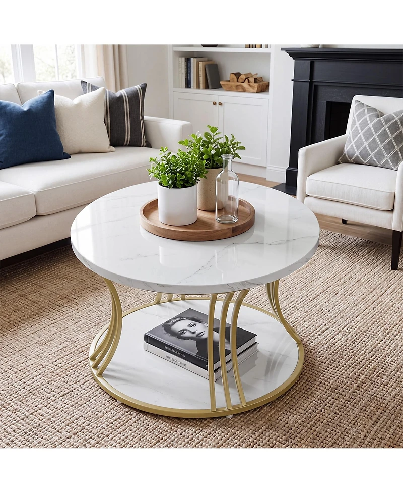 Tribesigns 31.5" Round Faux Marble Coffee Table with 2-Tier Storage