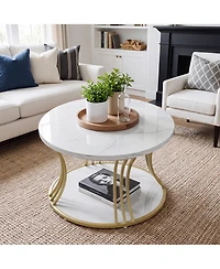 Tribesigns 31.5" Round Faux Marble Coffee Table with 2-Tier Storage