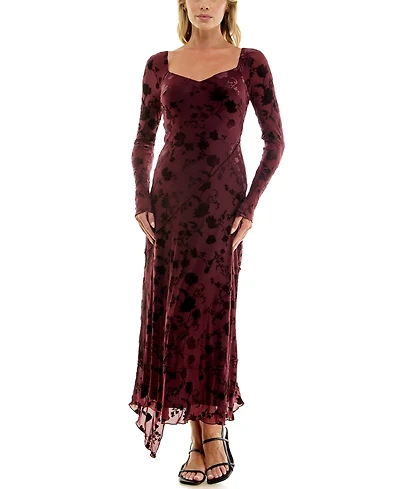 Row A Juniors' Long-Sleeve V-Neck Velvet-Burnout Midi Dress