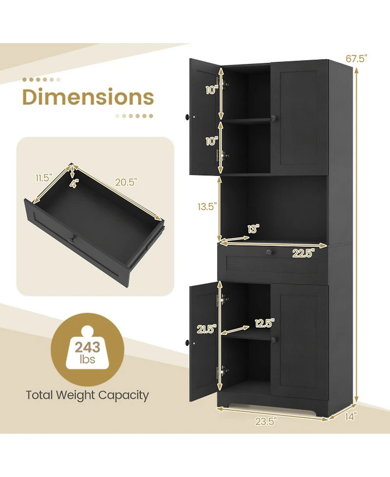 Sugift 67.5 Inch Tall Freestanding Storage Cabinet with 4 Doors Drawer and Adjustable Shelf