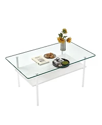Streamdale Furniture Modern Glass Coffee Table with Wood Shelf and White Metal Legs