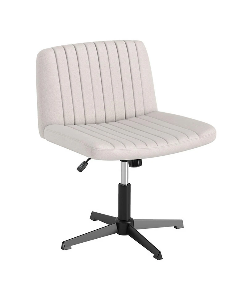 Sugift Cross-Legged Swivel Desk Chair No Wheels with Extra Wide Linen Seat