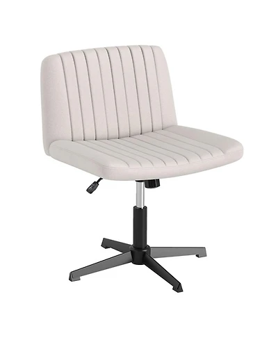 Sugift Cross-Legged Swivel Desk Chair No Wheels with Extra Wide Linen Seat