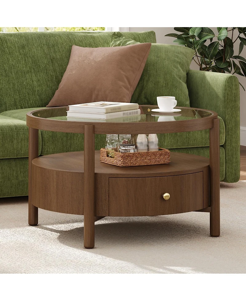 Streamdale Furniture Solid Wood Round Glass Top Coffee Table with Storage Drawer