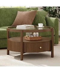 Streamdale Furniture Solid Wood Round Glass Top Coffee Table with Storage Drawer