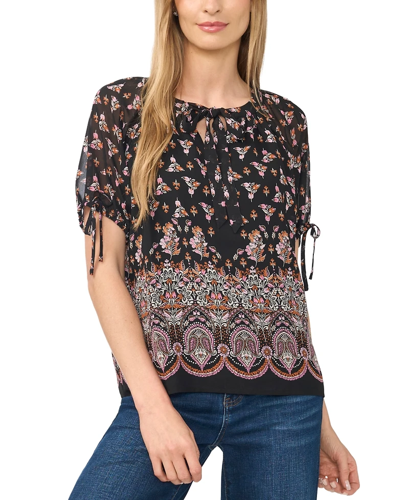 CeCe Women's Puff Raglan Short-Sleeve Tie Neck Floral-Print Blouse