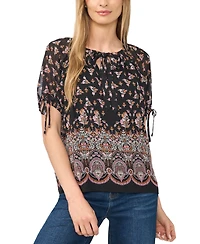 CeCe Women's Puff Raglan Short-Sleeve Tie Neck Floral-Print Blouse