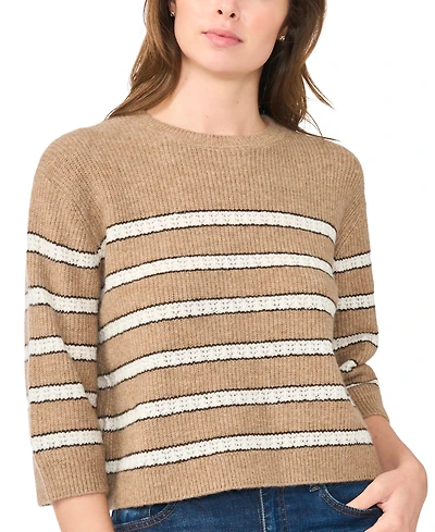 CeCe Women's Stripe Pointelle 3/4-Sleeve Crewneck Sweater