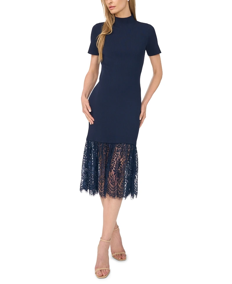 CeCe Women's High-Neck Lace Midi Sweater Dress