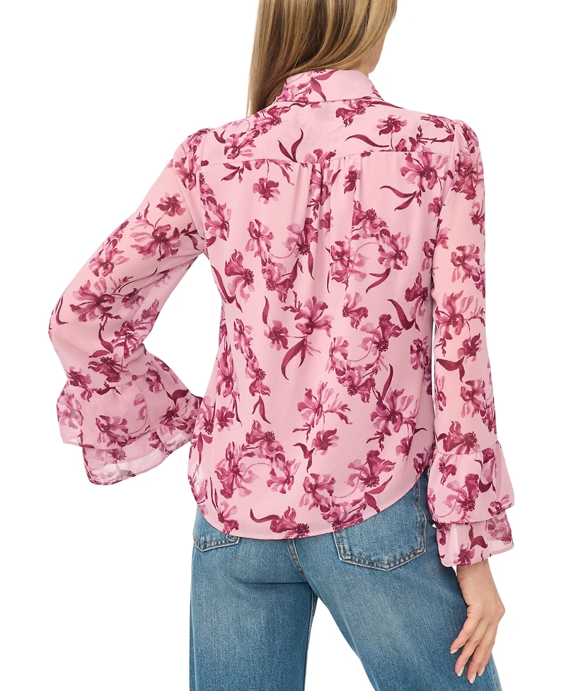 CeCe Women's Long-Sleeve Double-Ruffle Cuff Button-Down Floral-Print Blouse