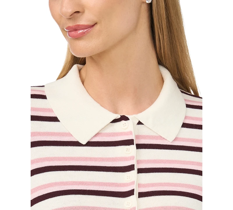 CeCe Women's Striped Polo Long-Sleeve Sweater