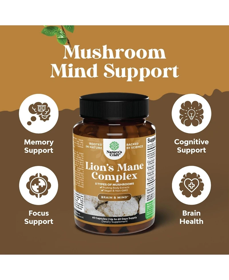 Nature's Craft Lion's Mane Complex Capsules, Brain Booster Nootropic Supplement with Chaga Maitake Shiitake and Reishi, 60 Count