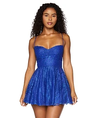 B Darlin Juniors' Sweetheart Neck Glitter Mesh Lace-Up Back Dress