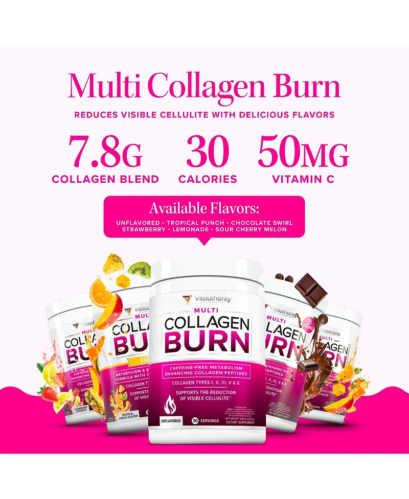 Vitauthority Multi Collagen Burn Supplement Caffeine Free Metabolism Support Collagen Peptides for Skin, Hair and Nails Sour Cherry Melon Flavor