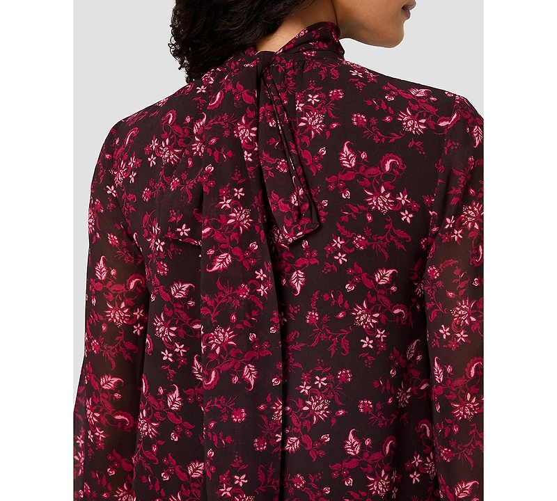 French Connection Women's Marina Chiffon Bow Long-Sleeve Mock-Tie Neck Floral-Print Blouse