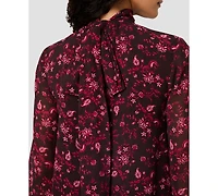 French Connection Women's Marina Chiffon Bow Long-Sleeve Mock-Tie Neck Floral-Print Blouse