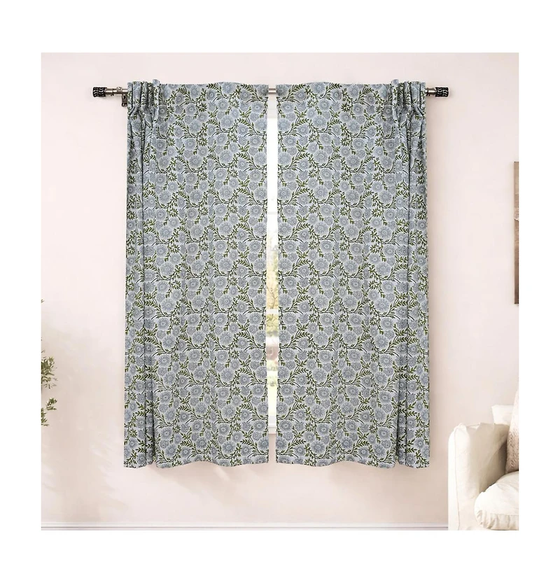 Fabdivine Bohemian Floral Handmade Linen Curtain Nature Block Print Window Panel Rajat