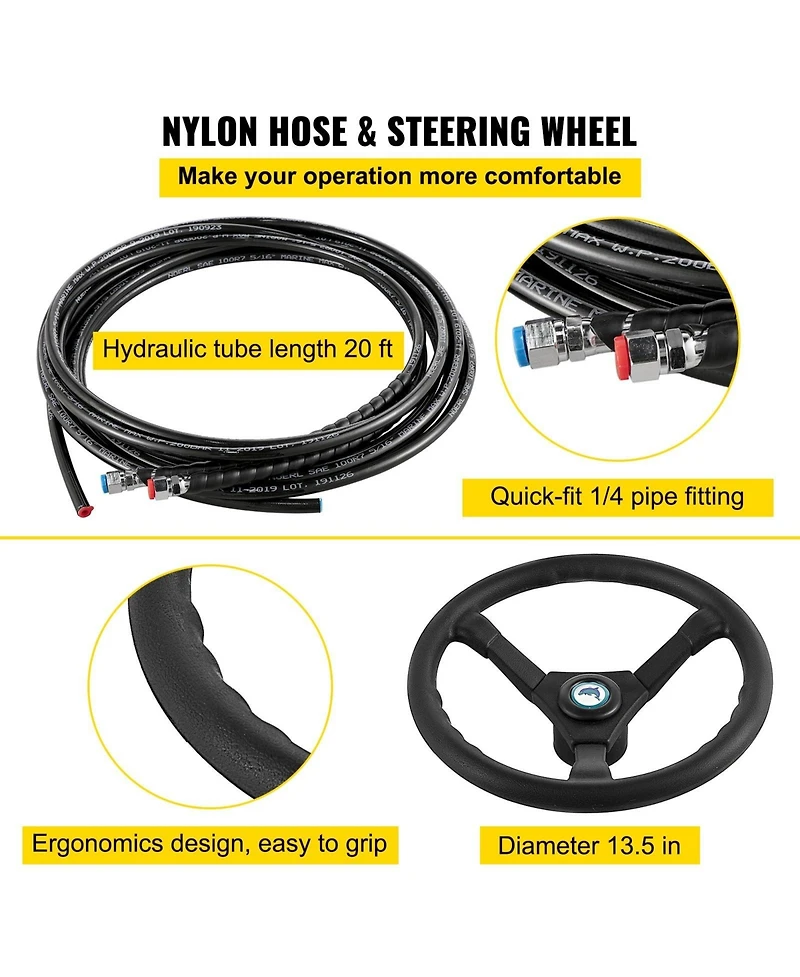 Sugift Hydraulic Outboard Boat Steering Kit 300 Hp with Helm Pump Cylinder and 20 feet Hoses