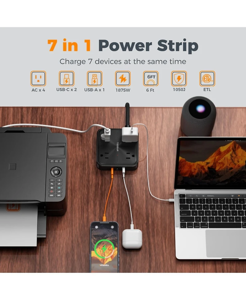 Tessan 7-in-1 Power Strip, 4 Ac Outlets + 3 Usb Ports, 20W Usb-c, 1050J Surge Protection, 6 ft Cord for Home and Office
