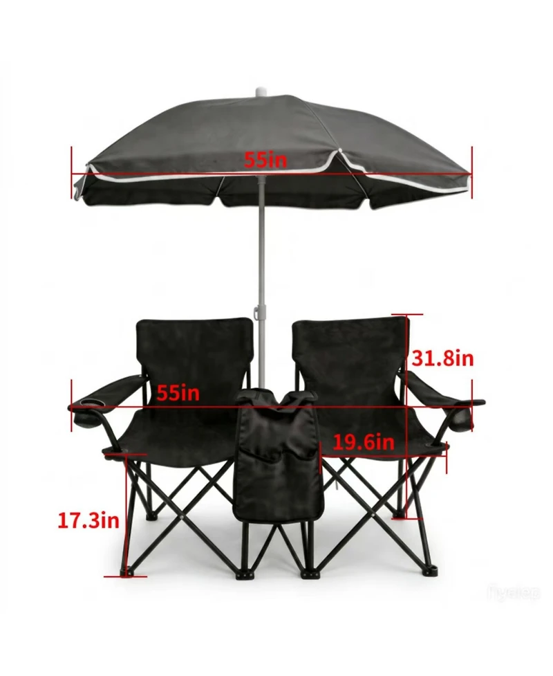 ECHTPeak Outdoor Camping 2-Seat Folding Camp Chair, with Umbrella and Cup Holders, Foldable Beach Chair Set, for Patio, Camping, Backyard