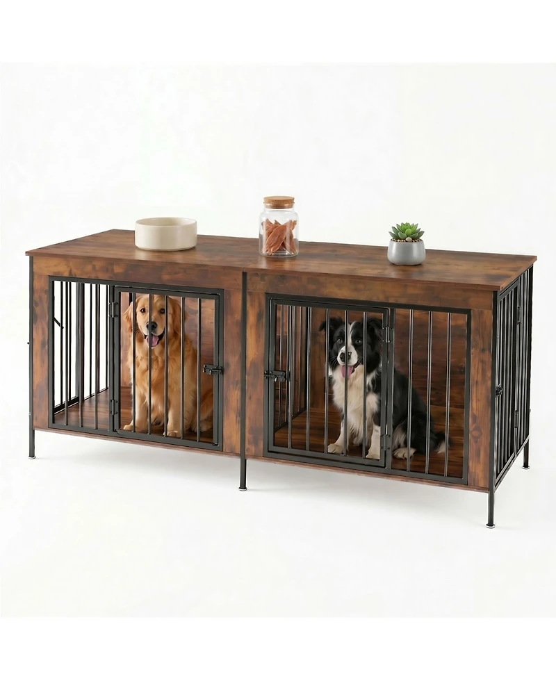 Zeny Double Dog Crate Furniture with Divider, Heavy Duty Pet Kennel End Table Tv Stand