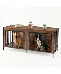 Zeny Double Dog Crate Furniture with Divider, Heavy Duty Pet Kennel End Table Tv Stand