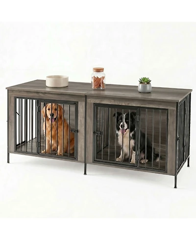 Zeny Double Dog Crate Furniture with Divider, Heavy Duty Pet Kennel End Table Tv Stand