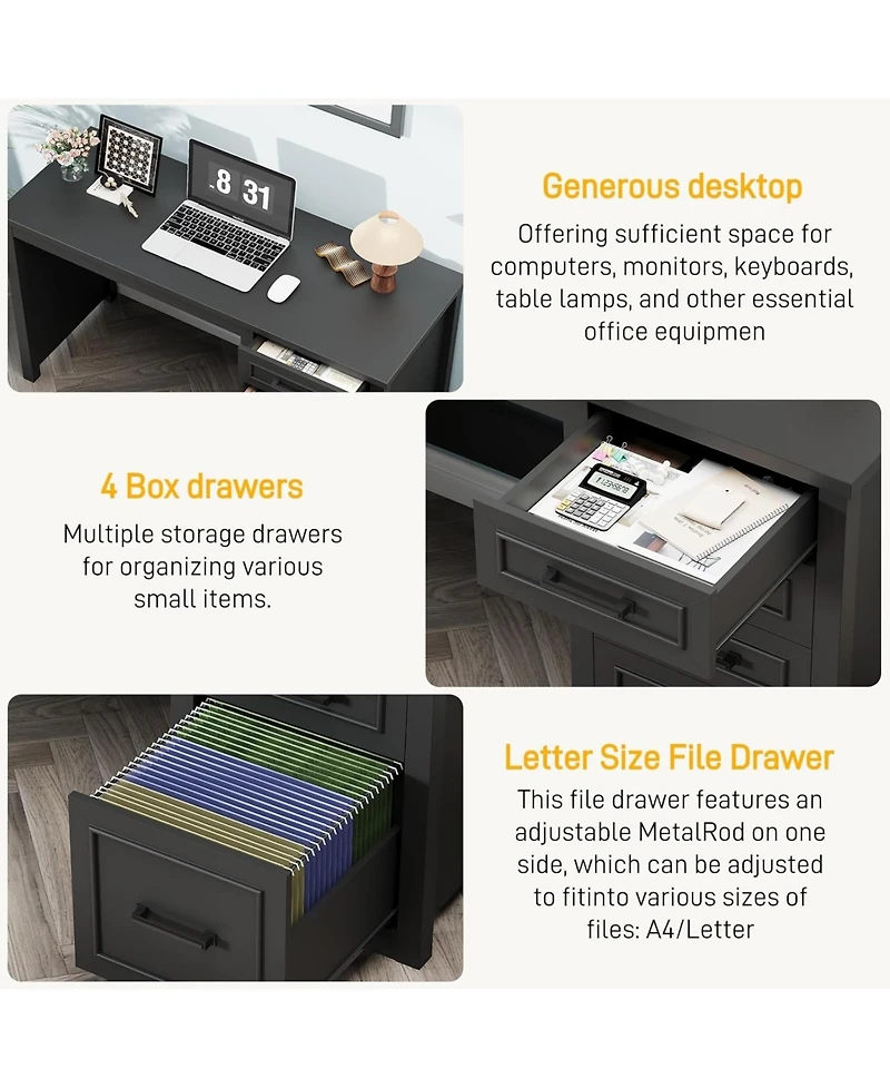 Vabches Farmhouse Executive Desk with Drawers and Charging Station for Home Office