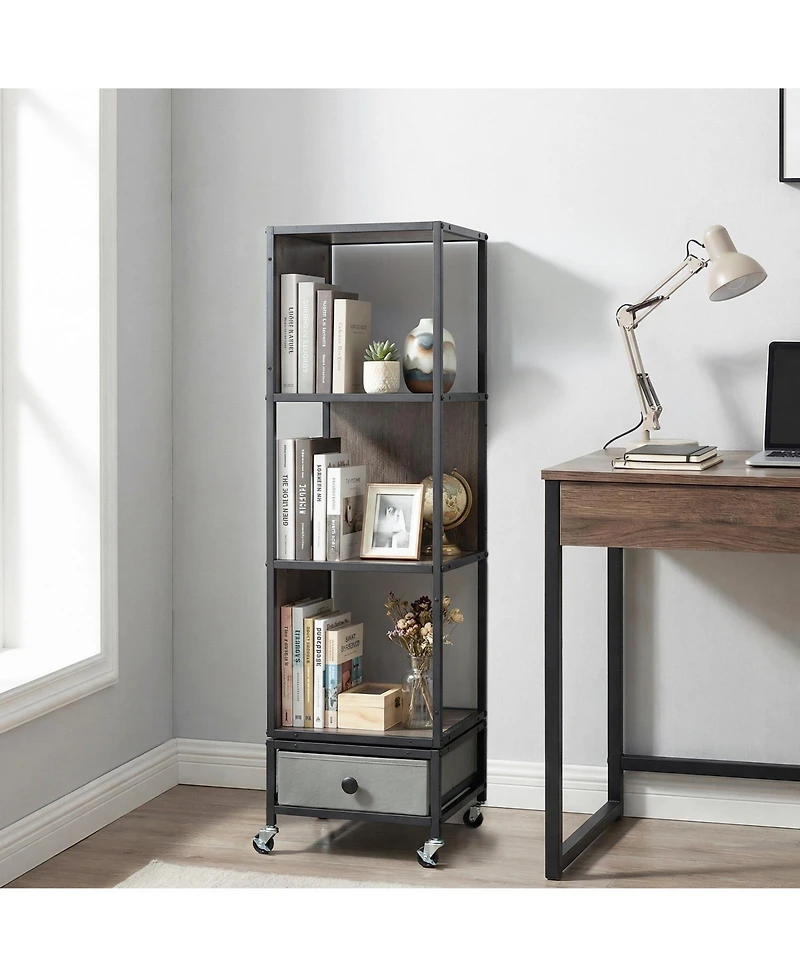 Gymax 4-Tier Rotating Bookshelf on Wheels w/Removable Fabric Storage Drawer for Office
