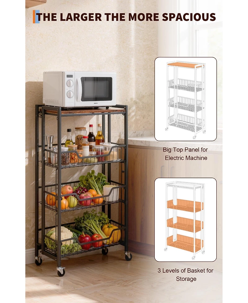 homfan 4-Tier Collapsible Storage Cart Lockable Casters, Heavy Duty, Expands, Pre-Assembled, 100 lbs Capacity. Rolling utility shelf