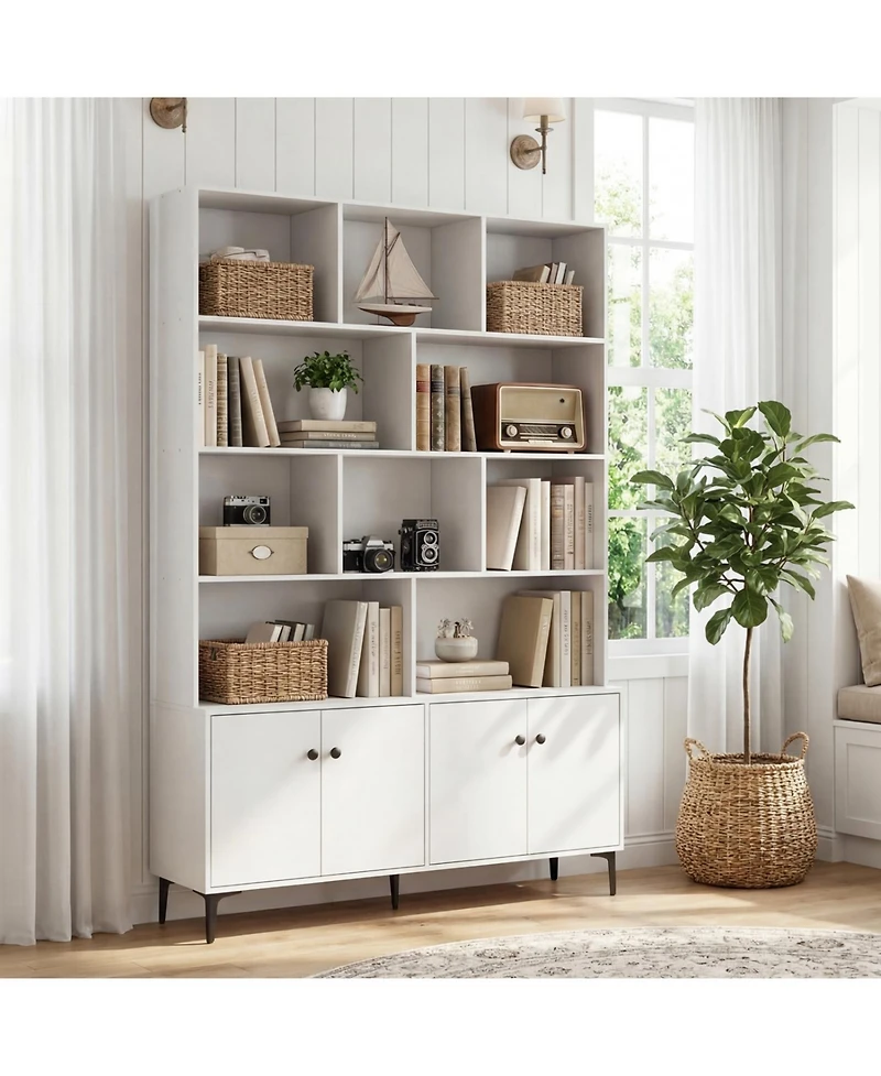 Sugift Tall Bookshelf with 4-Door Storage Cabinets and Metal Legs for Home Office