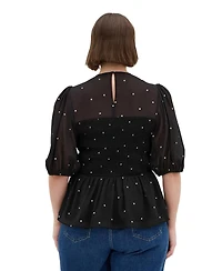City Chic Plus Esther Spot-Print Shirred Peplum Blouse