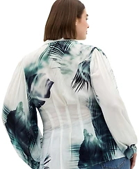City Chic Plus Piper Palm Print Collared Long-Sleeve Relaxed-Fit Shirt