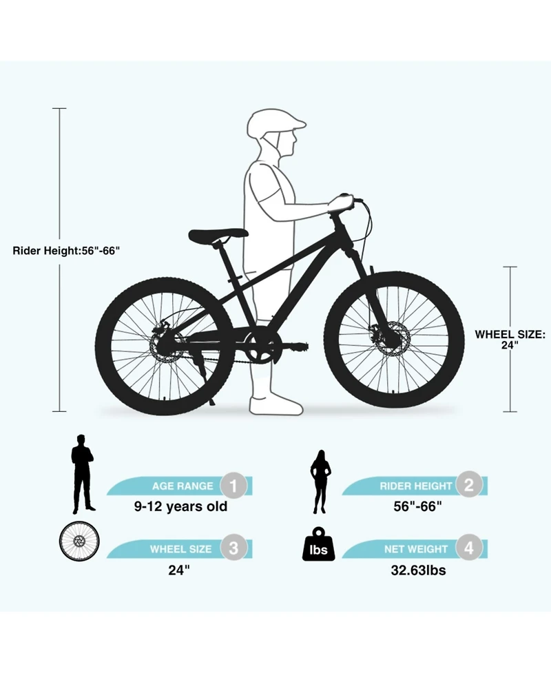 ECHTPeak Mountain Bike 24 Inch Front Suspension Fork Double Disc Brakes, 220 lbs, Ages 9-12