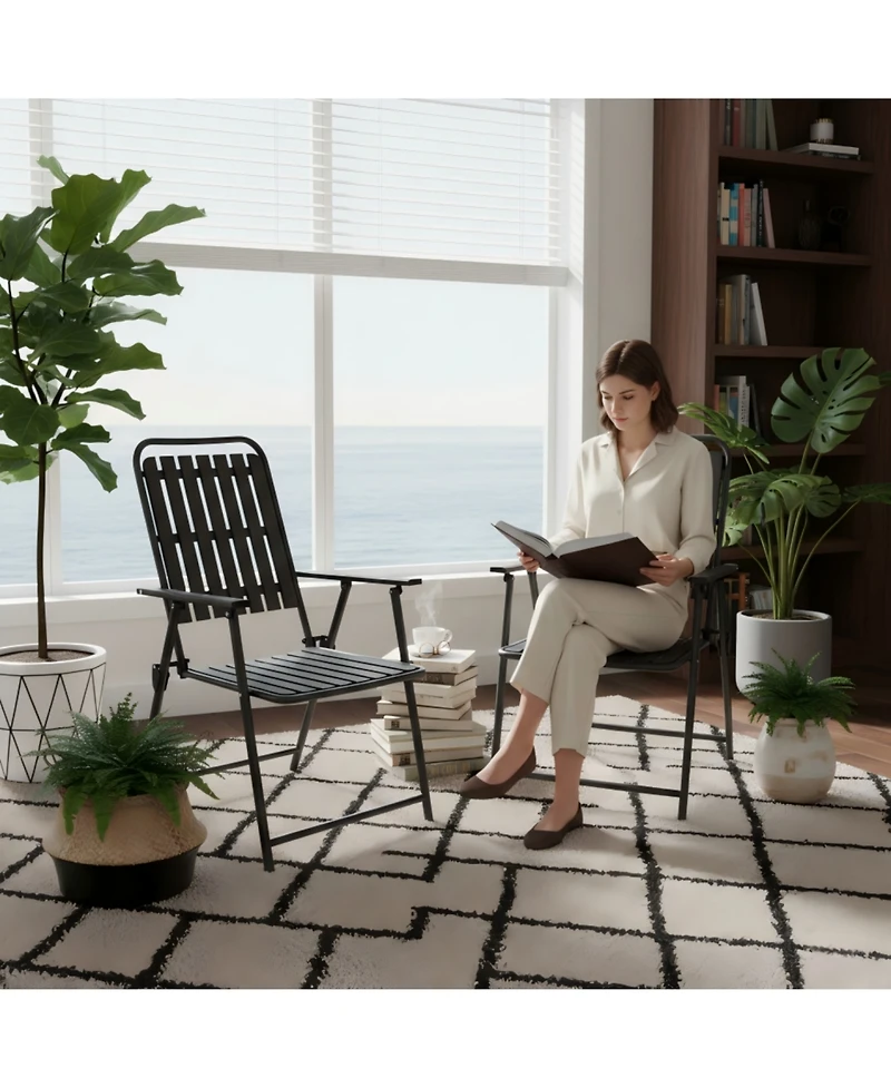 ECHTPeak Folding Chair Set of 2, 350LBS Capacity, Foldable Metal Chairs, with Stain-Proof Wpc Slats, No Assembly, for Balcony Garden Patio