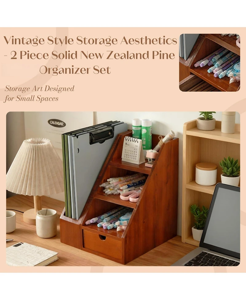 Danrong Rustic Wood Desk Organizer Set 2 Piece Desktop File Holder Storage