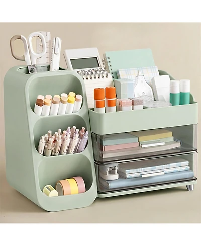 Danrong White Desk Organizer With Pen Holder 2 Drawers 4 Compartments Desktop Storage For Office Home School Art Supplies