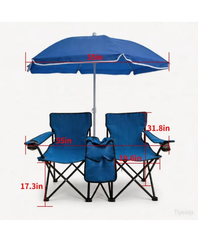 ECHTPeak Portable Double Folding Beach Chair Set with Umbrella, 2-Person Outdoor Camping Chair with Cup Holders, Foldable Patio Chair