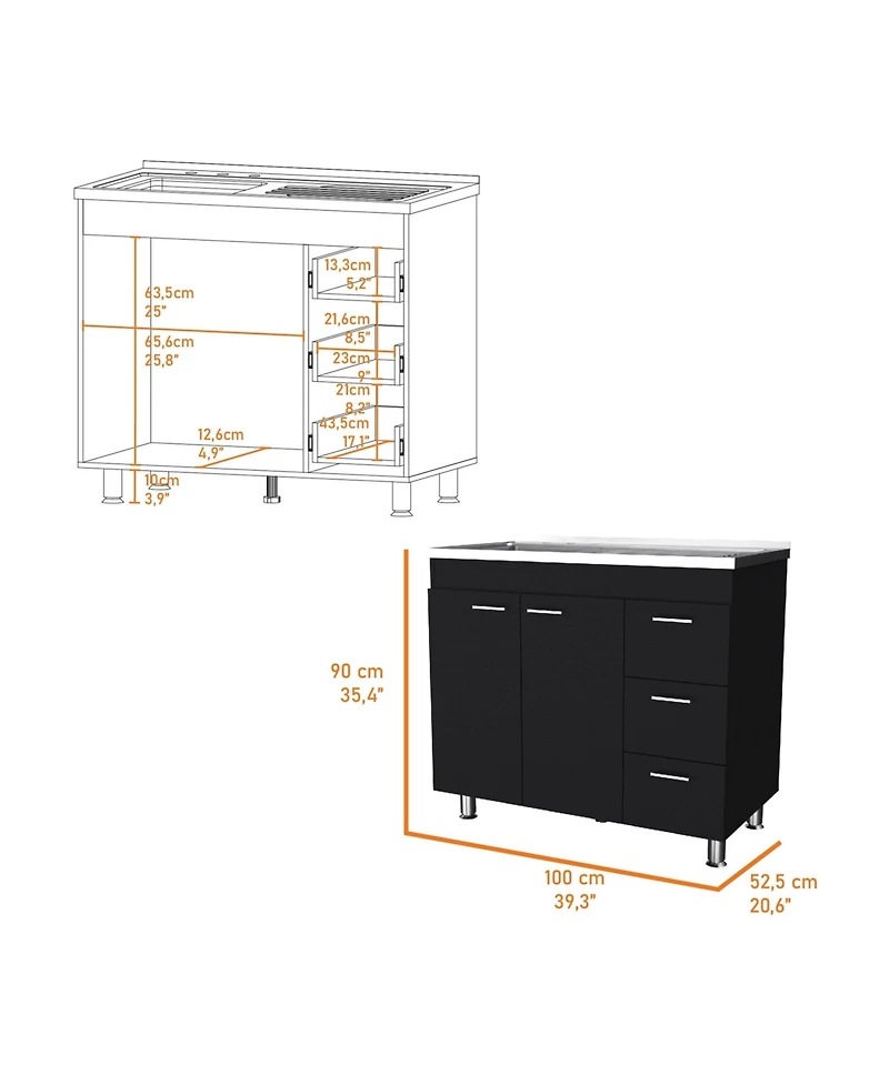Fm Furniture Darien Melamine Base Cabinet, Three Drawers And Stainless Steel Top