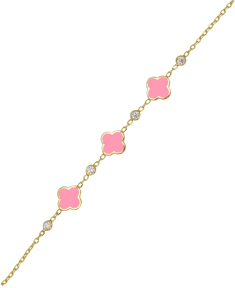 Lily Nily Girls Enamel Clovers and Cubic Zirconia Bezel Station Chain Link Bracelet in 14K