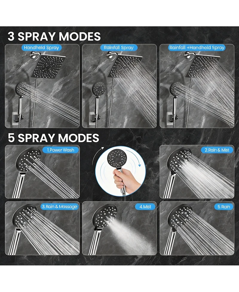 Cyqbd 8'' High Rain Shower Head Multi-function Square Rainfall Handheld Spray Hose