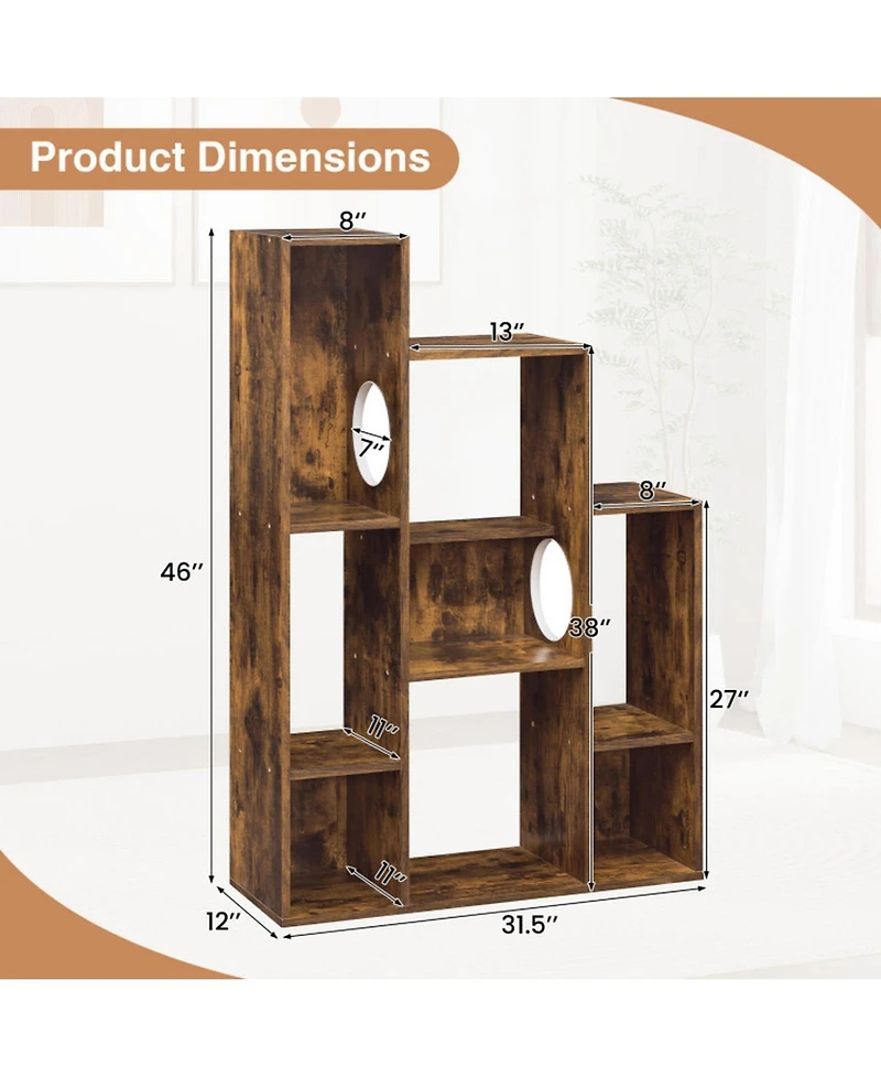 Sugift Modern Cat Bookshelf Cat Tree 8-Section Storage Cabinet with 2 Round Hideaway Holes