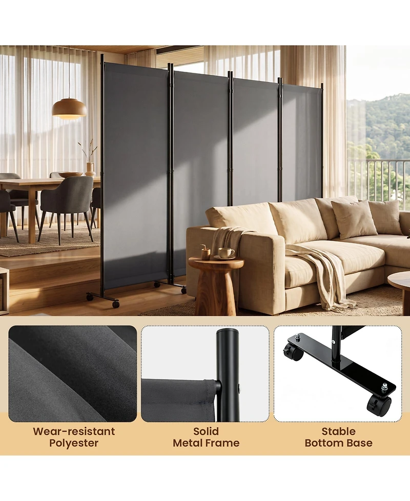 Gymax Room Divider Lockable Wheels 4 Panel Folding Privacy Screen for Office