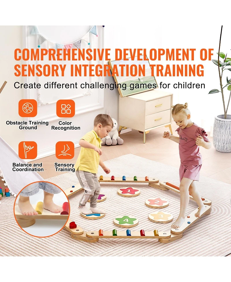 Sevorley Wooden Balance Beam Stepping Stones, 6-Piece Montessori Obstacle Course Toy for Kids 2-6