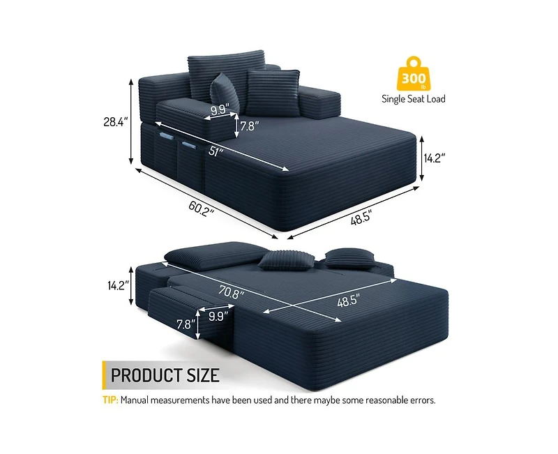 Rainsken Convertible Corduroy Sleeper Sofa with Removable Washable Cover,Side Storage High-Density Sponge,Side for Apartment Home,Small Spaces