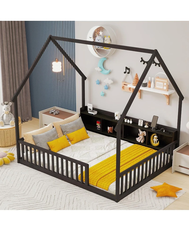 Streamdale Furniture Full House Floor Bed with Storage, Led, Charging Station and Guardrails