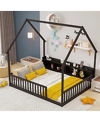 Streamdale Furniture Full House Floor Bed with Storage, Led, Charging Station and Guardrails