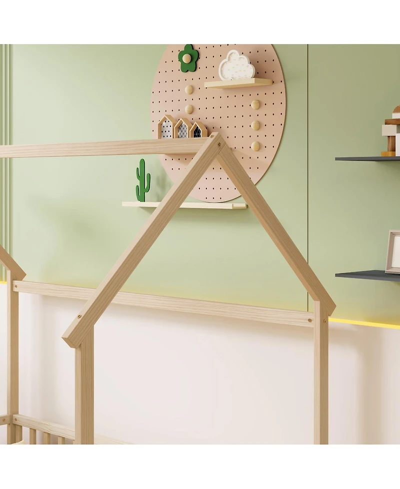 Streamdale Furniture Twin House Floor Bed with Roof and Guardrails