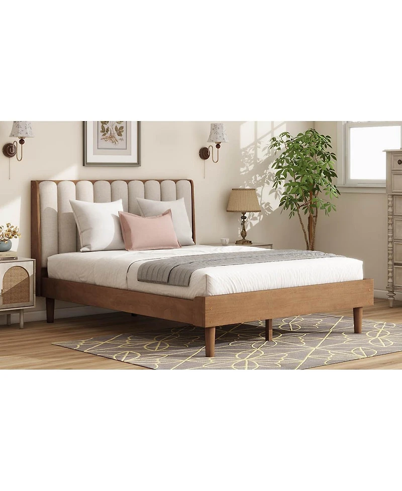 Streamdale Furniture Queen Size Wood Bed with Piano Key Upholstered Headboard